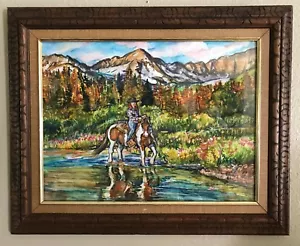 Country Cowgirl Horse MT 16x12 Haukland quadro acquerello originale cornice arte - Foto 1 di 1