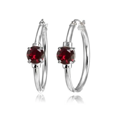 Solitaire Created Ruby 25mm Hoop Earrings in Sterling Silver - Image 1 of 3