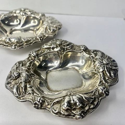 Antique PAIR Gorham Alvin Solid Sterling Silver Repousse Nut Candy Dish 1158 Cover