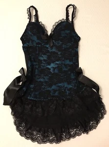 Pure Beauty Rene Rofe Bustier Top Sz Small Coquette Black Floral Lace Blue Bows - Picture 1 of 19