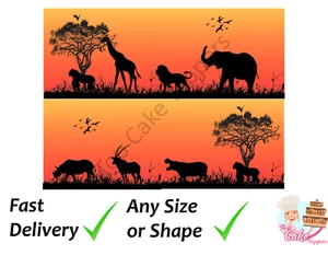 Black orange Silhouette animals safari cake bands wrap topper icing or wafer - Picture 1 of 2