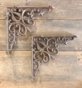 Cast Iron Pair of Brown Ornate Shelf Brackets, 9.25” x 9.25” - Picture 1 of 1