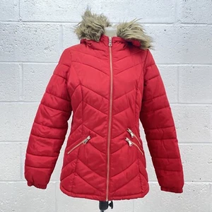 F&F RED PUFFER JACKET FAUX FUX HOOD PADDED COAT GOLD ZIP THICK Y2K UK 10 - Picture 1 of 6
