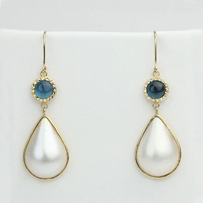 14k Yellow Gold, Blue Topaz, Mabe Pearl Women's Hook Dangle Earrings - Image 1 of 2