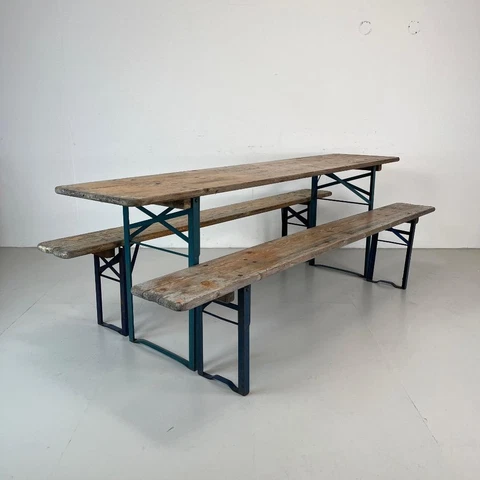 VINTAGE INDUSTRIAL GERMAN BEER TABLE BENCH SET GARDEN FURNITURE WORN VARNISH Cover
