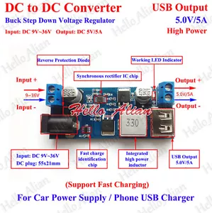 Módulo Cargador USB Coche 9V-36V 12V 24V a 5V 5A DC-DC Convertidor de Voltios Reductor - Imagen 1 de 8