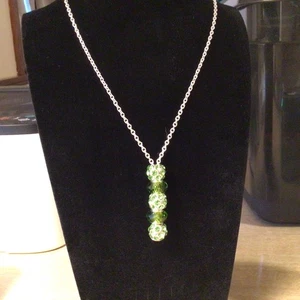 Vintage Homemade DaVinci Bead Silver Tone Green Rhinestone Necklace 30” - Picture 1 of 3