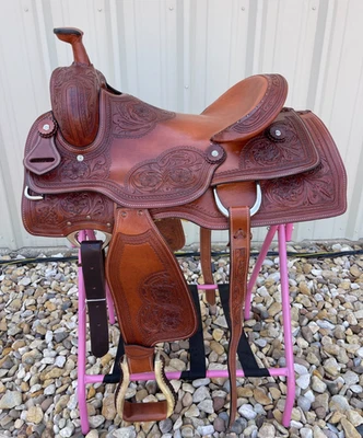 Western Ranch Saddle 14-17” Adult Hard Seat Floral Tooled Natural Oiled - Image 1 of 2