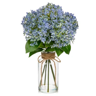 Flores de hortensia artificiales en florero de vidrio con agua sintética, 13,8" falso azul H... Foto 1 de 4