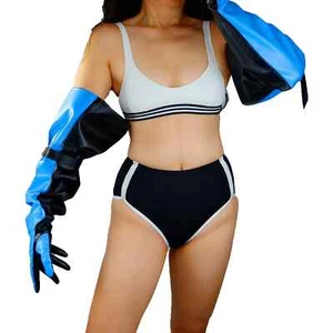Unisex Black Blue GLOVES Two-Tone Faux Leather PUFF SLEEVES Loose w/ Armband - Picture 1 of 18