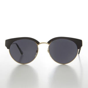 Round Half Frame Vintage Dead Stock Sunglass Black / Gold / Gray Lens- Carrie - Picture 1 of 3