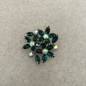 Vintage Beau Jewels Emerald Green Flower Brooch Navettes & AB Crystals Unsigned - Picture 1 of 11