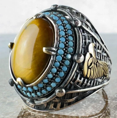 Anillo de plata ojo de tigre marrón amarillo, anillo de plata ojo de tigre de piedras preciosas naturales Foto 1 de 4