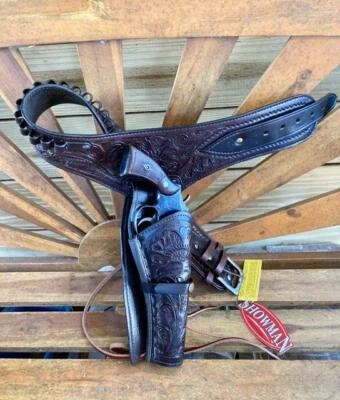 SHOWMAN Western Cowboy Tooled Leather Gun Holster with Belt 22 357/38 or 44/45