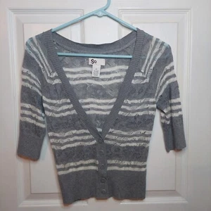 SO Grey White Pointelle Knit Cardigan Sweater 3/4 Sleeves Fitted Size M - Picture 1 of 10
