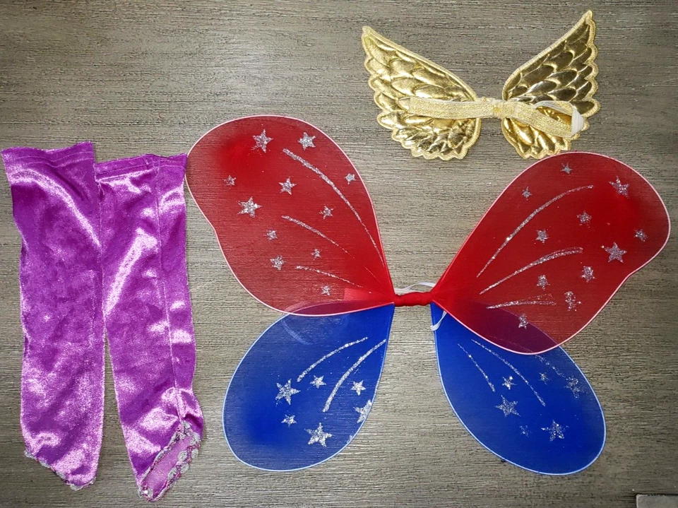 girls RED BLUE BUTTERFLY WINGS SILVER STARS PUPRLE GLOVES GOLD BABY WINGS - Image 1 of 1