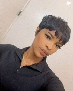 Short Pixie Cut Straight Black Wigs With Bangs Full Real Human Hair No Lace Wear - Picture 1 of 15