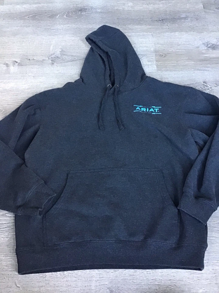 Ariat Logo Hood Hoodie Mens Large Gray Blue Pullover Sweatshirt Kangaroo Pocket - Image 1 of 4