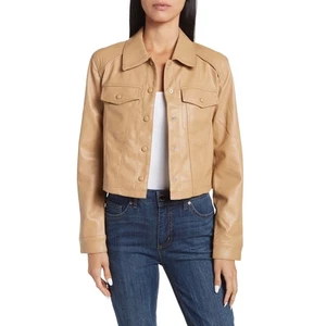 BLANKNYC Faux Leather Cropped Trucker Jacket Beige XL - Picture 1 of 9