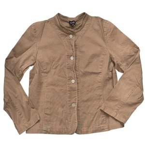 EILEEN FISHER Jacket Med Utility Twill Cotton Stand Collar Snap Tan Minimalist - Picture 1 of 6