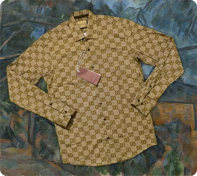 Camisa beige con monograma Gucci para hombre con botones calce ajustado talla 2XL Pit to Pit 22,8" Foto 1 de 4