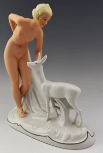 8 1/4" Vintage Art Deco Schaubach Kunst Nude Figurine with Deer - Picture 1 of 8