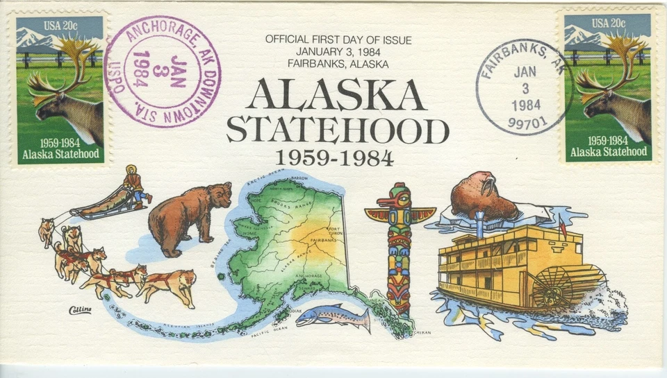 US, #2066 ALASKA STATEHOOD , Collins Hand-painted First Day Cover DUAL CANCEL - Image 1 of 1