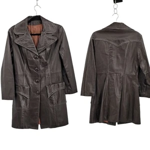Vintage 70er Jahre Damen Leder Trenchcoat Cowgirl Western Kontrastnähte Braun S - Bild 1 von 10