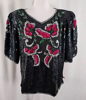 New Elegance Vintage Womens Pullover Top Sequins Lined Black Pink Green Silk XL — 第 1/4 张图片