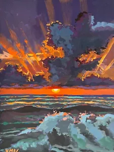 Original Landscape Painting signed Seascape Clouds Sunset Stylish Wall Artwork - Picture 1 of 3