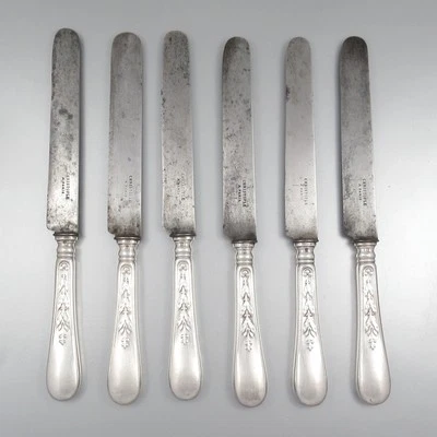 Cuchillos de cena Christofle antiguos franceses con plato de plata, “Canaux Laurier”, 6 piezas Foto 1 de 4