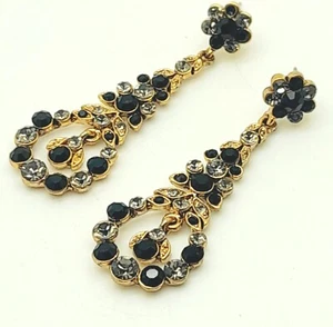 Victorian Gold Plated Black & gray Crystal Rhinestone Wedding Dangle Earrings - Picture 1 of 7