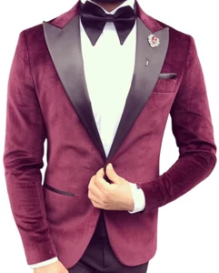 Chaqueta de terciopelo a cuadros roja negra de diseño Smoking chaqueta de terciopelo entallada Slim Fit - Imagen 1 de 3