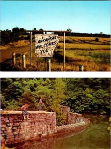 2~Postcards AR, Arkansas ROADSIDE WELCOME SIGN & BOYS FISHING~Blanchard Springs - Imagen 1 de 5