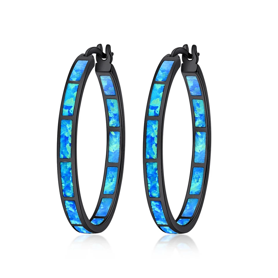 Gemstone Blue Fire Opal Hoop Silver Earrings 925 Silver Women Jewelry - Image 1 of 4