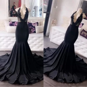 Sexy Black Mermaid Evening Dresses Deep V Neck Lace Formal Party Prom Gowns - Picture 1 of 10
