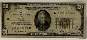 1929 $20 Federal Reserve Banknote Dallas, TX Brown Seal Rare Note - Picture 1 of 2