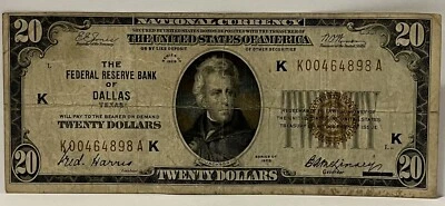 1929 $20 Federal Reserve Banknote Dallas, TX Brown Seal Rare Note - Image 1 of 2