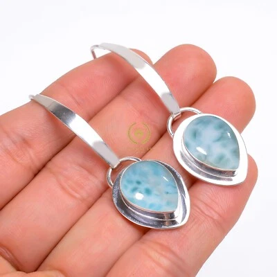 Natural Larimar Gemstone Earring's 925 Sterling Silver Handmade Jewelry Earring - Image 1 of 4