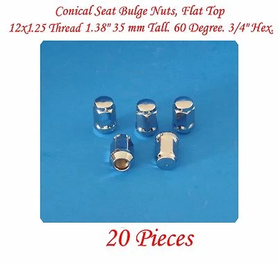20 Pcs Conical Seat Bulge Nut Flat Top 12x1.25 Thread1.38"Tall 3/4"Hex.60 Degree - Image 1 of 2