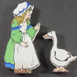 Vintage Goose Girl Ornament Figurine Wooden Hand Painted Folk Art Cottagecore - Imagen 1 de 7