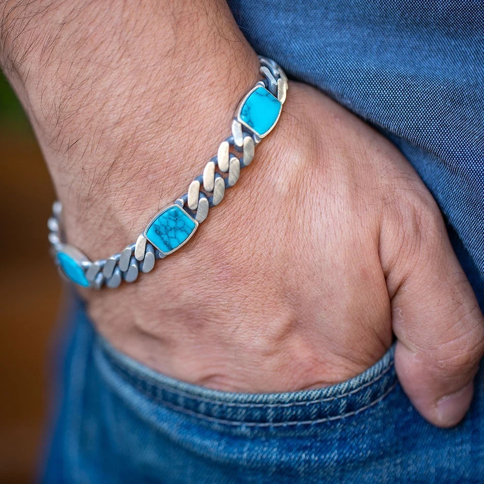 Men's Turquoise Gemstone 925 Sterling Silver 10mm Curb Chain Link Bracelet - Image 1 of 4