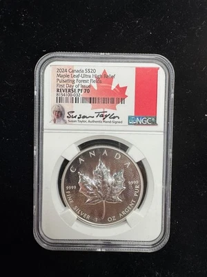 2024 $20 CANADA 1OZ SILVER MAPLE LEAF PULSATING FOREST UHR NGC REV PF70 SIGNED - Image 1 of 2