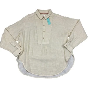 Anthropologie Plus Size 1X V-Neck Popover Tan Slub Cotton Long Sleeve Top NWT - Picture 1 of 8