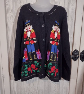 BOBBIE BROOKS Mujer XL Negro Navidad Suéter Cárdigan con Cascanueces Foto 1 de 4