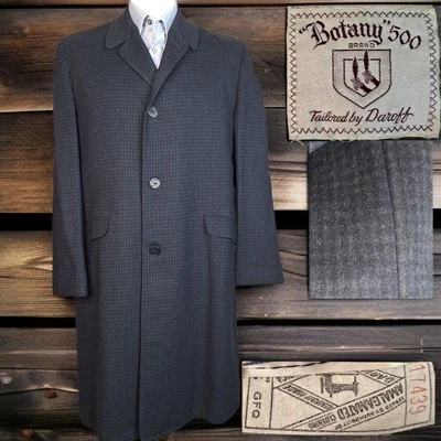 1950s Botany 500 Trench Coat Mens 42R Dark Gray Check 3 Button SV - Image 1 of 4