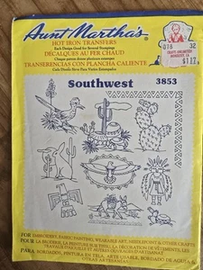 Vtg Aunt Martha's Hot Iron Transfers 3853 Southwest Cactus Thunderbird Adobe - Picture 1 of 2
