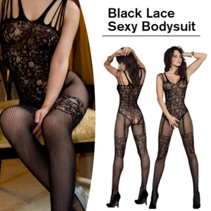 Sexy Dessous Body Strumpf offener Schritt Fischernetz Spitze Body Anzug schwarz Übergröße - Bild 1 von 7