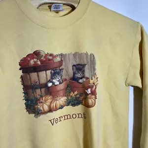 Vintage Vermont Sweatshirt Cats Fall Autumn Pumpkins Medium Y2K Cat Lady Yellow - Picture 1 of 8