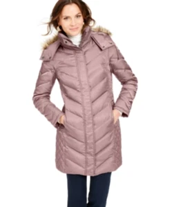 Kenneth Cole X5514 Faux-Fur-Trim Hooded Down Maroon Puffer Coat Size S - Picture 1 of 3